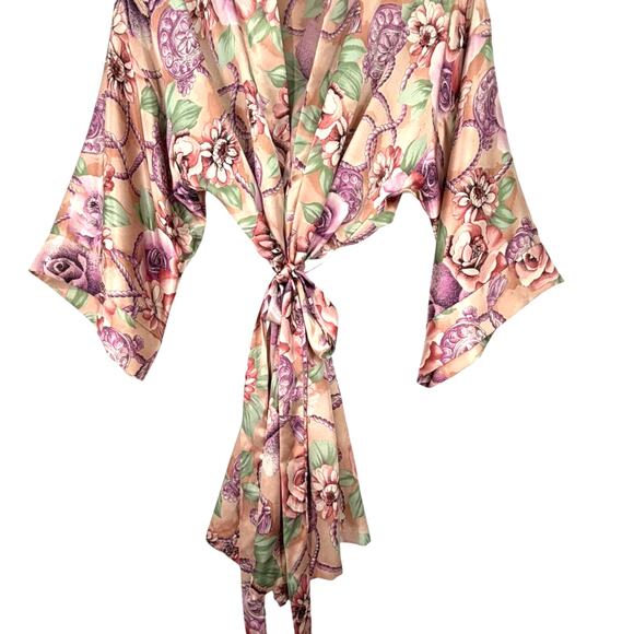 Vintage 90's Satin Floral Short Robe Kimono Lace Cottage Core Feminine Boho S - Picture 2 of 7